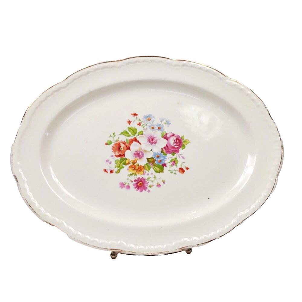 Crooksville Oval Serving Plate Platter Embossed Gold Trim Floral Rose 13.5” VTG